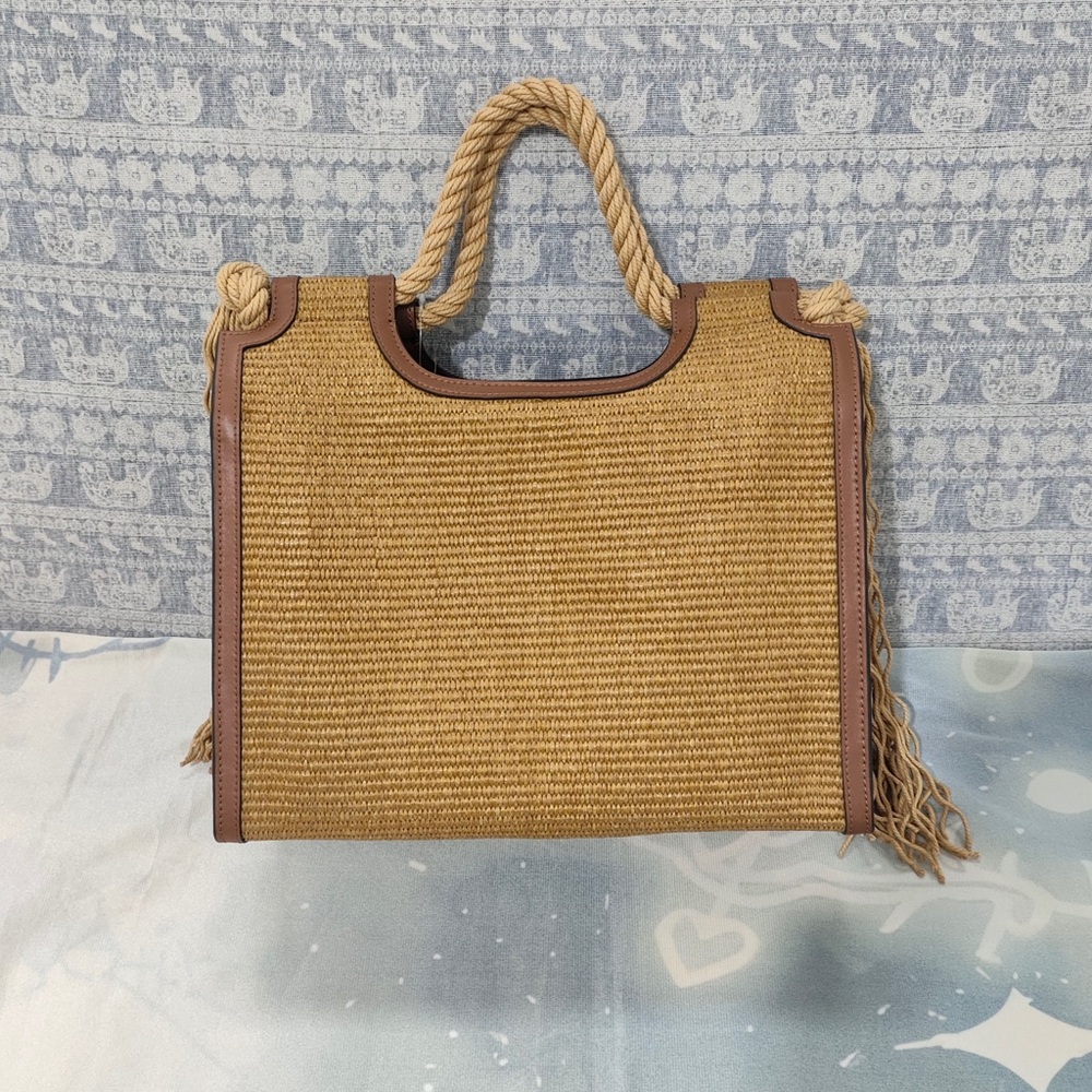 Marni Tan Straw Tote with Brown Trim and Rope Handles - Picture 3 of 6